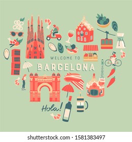 Cute trendy vintage cartoon symbols of Barcelona in a heart shape. Architecture, food, people and famous landmarks drawn by hand. Welcome to Barcelona text.