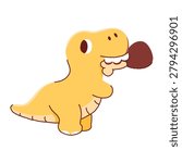 Cute T-Rex dinosaur biting big meat bone vector illustration. Kawaii Tyrannosaurus Rex cartoon character doodle isolated on white background.