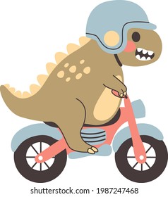 Cute t-rex dinosaur riding on motorcycle with helmet