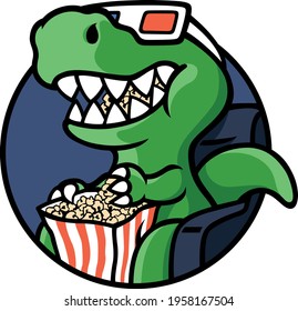 Cute T-Rex Dinosaur wearing 3D Glass and chewing popcorn