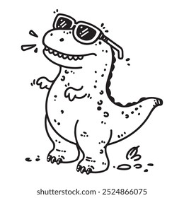 Um dinossauro T-Rex bonito usando óculos de sol nesta ilustração vetorial desenhada à mão. Estilo de arte de linha de doodle, isolado e fácil de usar para projetos criativos e projetos.