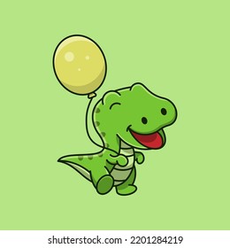 CUTE T-REX HOLDING BALLOON SUITABLE FOR MASCOT, LOGO, ICON, STICKER AND RELATED BUSINESS