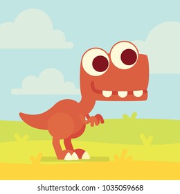 Cute T-Rex on the field. Dinosaur life. Vector illustration of prehistoric character in flat cartoon style isolated on landscape background. Funny red Tyrannosaurus with big eyes. Element for design.