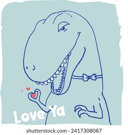 Cute Trex showing a heart with his hands. Hand drawn illustration vector