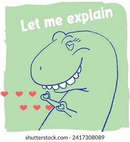 Cute Trex showing a heart with his hands. Hand drawn illustration vector