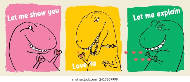 Cute Trex showing a heart with his hands, hand drawn vector illustrations.