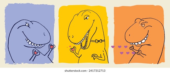 Cute Trex zeigt ein Herz mit seinen Händen, handgezeichnet Vektorgrafiken