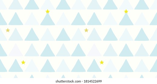 Cute triangle seamless pattern. Light blue abstract geometric Christmas trees background with stars for boys fabric, textile, winter wrapping paper, baby nursery decoration. Surface pattern vector