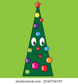 Cute triangle shaped Christmas tree with eyes and mouth and Christmas balls