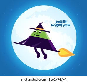 Cute triangle witch is flying in front of the moon