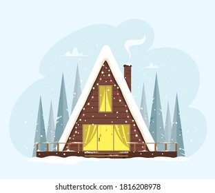 A cute triangular house among the forest decorated with lights. Festive and cozy atmosphere. Vector illustration in flat style. Merry Christmas.