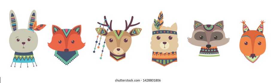 Cute tribal animal faces vector isolated on white background. Animal tribal face fox and deer, racoon and rabbit illustration