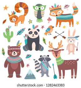 Cute tribal animal. Forest wild animals zoo, tribals bird feather arrows and wilds beast. Squirrel, fox and deer woodland forest brave hunting animal character isolated cartoon icons set