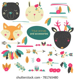 Cute tribal animals collection with accessories. Character creator. Vector hand drawn illustration.
