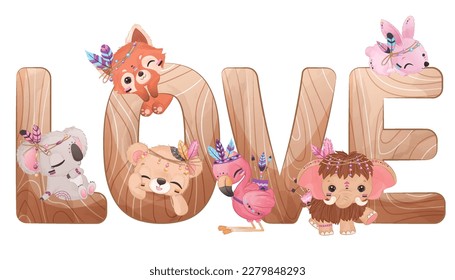 Cute tribal animals illustration with alphabets