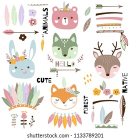 Cute tribal animals set. Wild animal portrait vector illustration