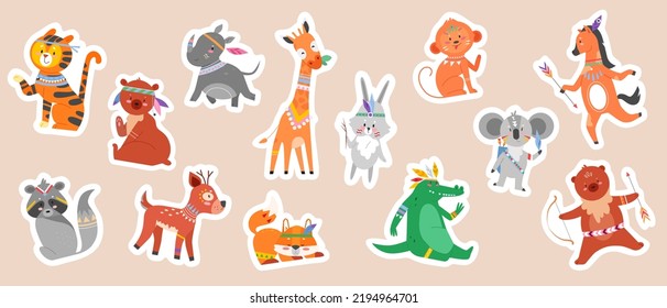 Cute tribal animals from woodland, stickers set vector illustration. Cartoon funny wild forest or zoo characters with arrow and bow, nursery collection background. Nature, culture, design concept