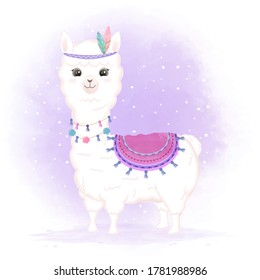 Cute tribal baby Llama hand drawn cartoon animal illustration