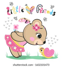 Cute tribal bear girl giving flower to little snail on white background illustration vector.