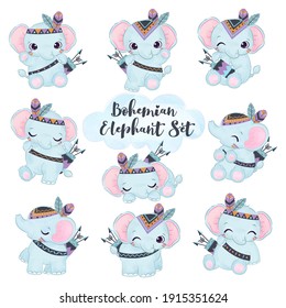 Cute tribal elephants in set in watercolor illustration