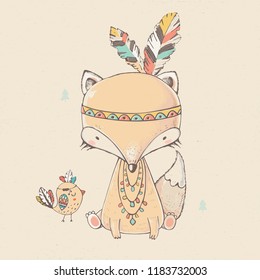 cute tribal Fox in Indian headband and bird./hand drawn vector illustration/can be used for kid's or baby's shirt design/ fashion print design/ fashion graphic/ t-shirt/ kids wear