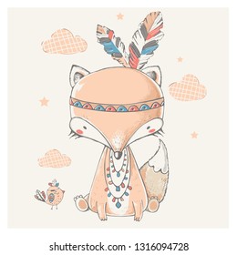 Cute tribal Fox in Indian headband and bird.hand drawn vector illustration.can be used for kid's or baby's shirt design. fashion print design. fashion graphic, t-shirt, kids wear