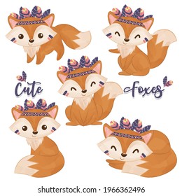 Cute tribal fox in set in watercolor illustration