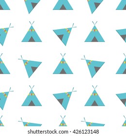 Cute tribal geometric seamless pattern in cartoon style with fox, wigwams, arrows and feathers for fabric and web backgrounds