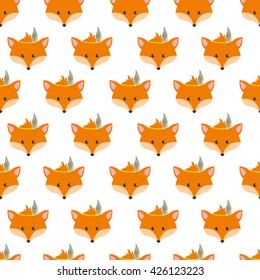 Cute tribal geometric seamless pattern in cartoon style with fox, wigwams, arrows and feathers for fabric and web backgrounds