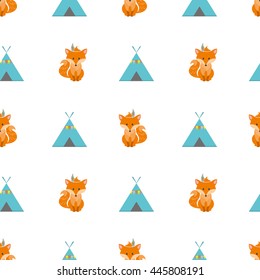 Cute tribal geometric seamless pattern in cartoon style with fox, wigwams, arrows and feathers for fabric and web backgrounds