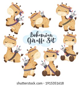 Cute tribal giraffes in set in watercolor illustration