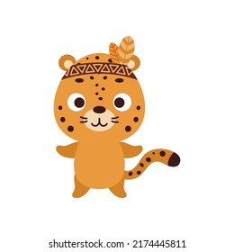 Cute tribal jaguar. Wild and free. Cartoon animal character for kids t-shirts, nursery decoration, baby shower, greeting card, invitation, house interior. Vector stock illustration