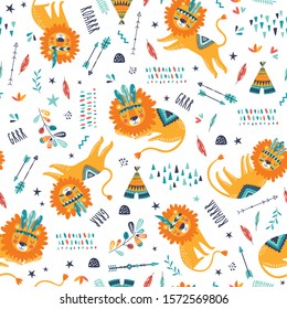 Cute tribal lions seamless vector pattern. Cute childish repeated texture. Cartoon lions. Template for kids fabric.