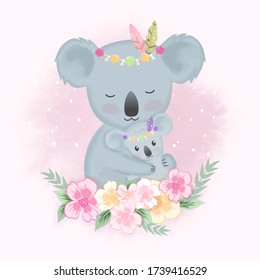Cute tribal mom and baby koala hand drawn cartoon animal watercolor illustration