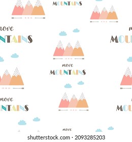 cute tribal mountains seamless pattern in scandinavian style, vector illustration, mountains with clouds, lettering and arrows