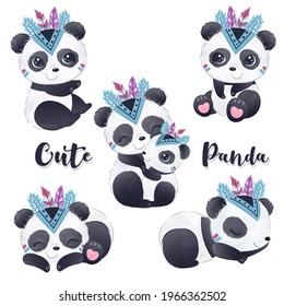 Cute tribal panda in set in watercolor illustration