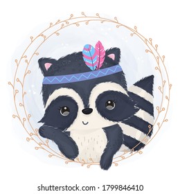 Cute tribal raccoon illustration with cute pose