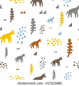 Cute tribal seamless pattern in cartoon style with fox, wolf, spots, plant and triangles for fabric and web backgrounds.