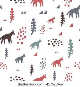 Cute tribal seamless pattern in cartoon style with fox, wolf, spots, plant and triangles for fabric and web backgrounds.