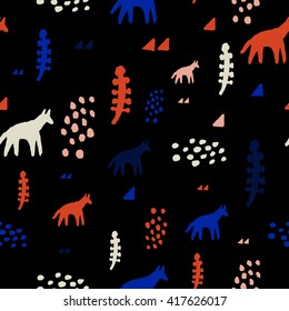 Cute tribal seamless pattern in cartoon style with fox, wolf, spots, plant and triangles for fabric and web backgrounds.