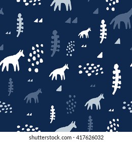Cute tribal seamless pattern in cartoon style with fox, wolf, spots, plant and triangles for fabric and web backgrounds.