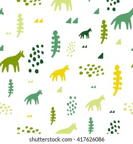 Cute tribal seamless pattern in cartoon style with fox, wolf, spots, plant and triangles for fabric and web backgrounds.