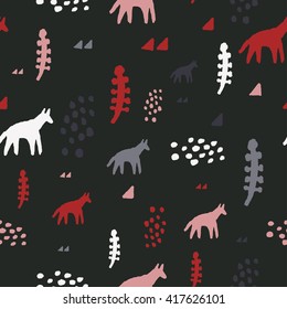 Cute tribal seamless pattern in cartoon style with fox, wolf, spots, plant and triangles for fabric and web backgrounds.