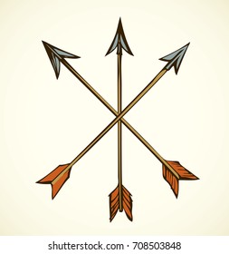 Cute tribal sharp boom arm shaft set isolated on white backdrop. Freehand outline ink hand drawn logo emblem picture sketchy in art scribble retro style pen on paper. Closeup view with space for text