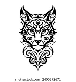 Cute tribal tattoo features a stylized image of a head cat with bold, black lines and intricate patterns.