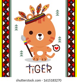 Cute tribal tiger holding a spear standing on white background illustration vector.