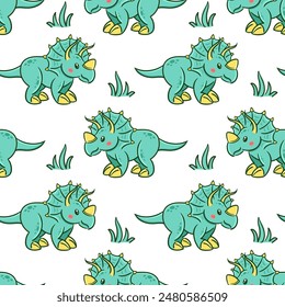 Cute triceratops in Asian kawaii style seamless pattern. Dinosaur, prehistoric lizard, mascot. Cartoon character Funny vector illustration for wallpaper, fabric, wrapping, background