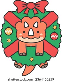 Cute triceratops christmas tree character. Vector illustration in cartoon style.