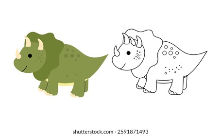 Cute triceratops, coloring book for kids. Green dinosaur. Children's coloring book with color example. Outline, coloring page. Vector illustration.