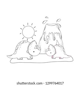 cute triceratops couple with volcano scene